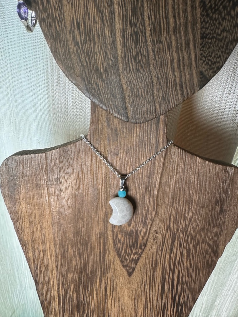 Small Coral Fossil Crescent Moon Charm Pendant Necklace, Amazonite and Silver - Picture 7 of 13